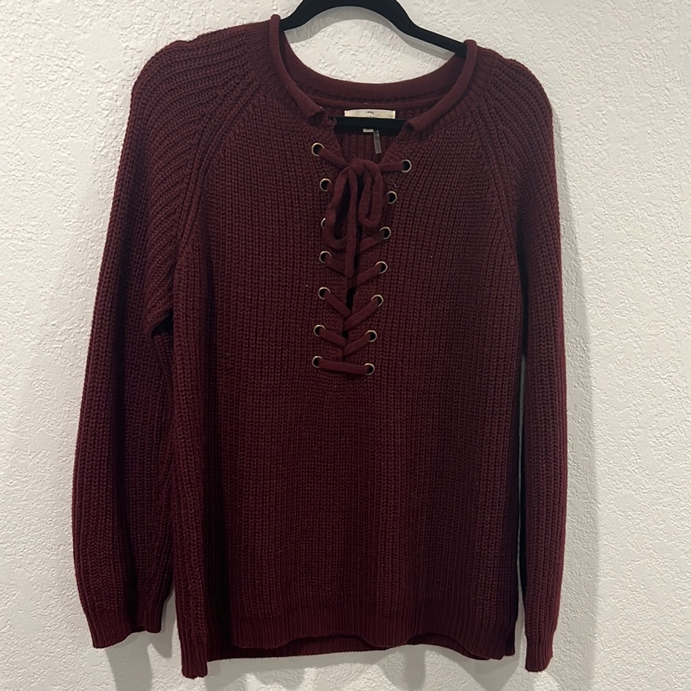 Womens burgundy lace up sweater